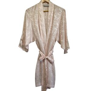 Vtg 90s Natori Pale Pink/Peach Short Robe Lace Mesh Detail Belted Size Medium